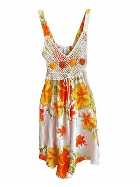 NWOT COJ Apparels Tropical Hibiscus Sundress w/ Crochet Eyelet Bust Multi S